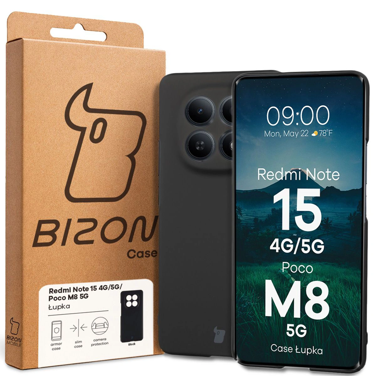 Przód pudełka Bizon Case z dedykowaną etykietą do Xiaomi Redmi Note 15 / Xiaomi POCO M8 5G